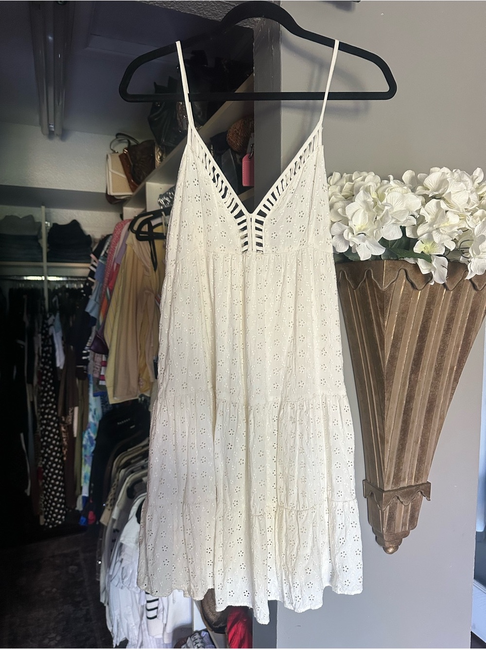 Angie White Eyelet Tiered Spaghetti Strap Sundress
